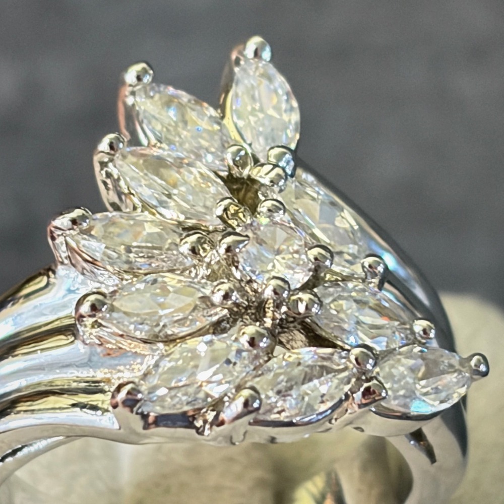 Ring Silver Tone Rhinestone Clear Vintage Mid Century Cocktail Cluster Size 8.75